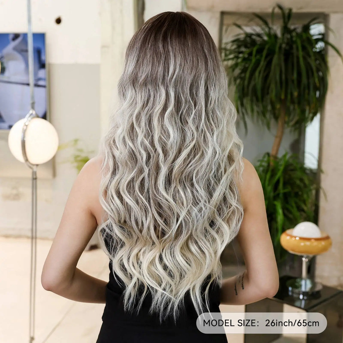 Halloween Wig TopShe Long Ombre Grey Ash Blonde Wavy Curly Synthetic Wig with Bangs Dark Roots Silver Blonde Heat Resistant Hair Wigs for Women Cosplay Costume Party Daily Wear Natural Looking Soft Full Hairpieces Fancy Dress