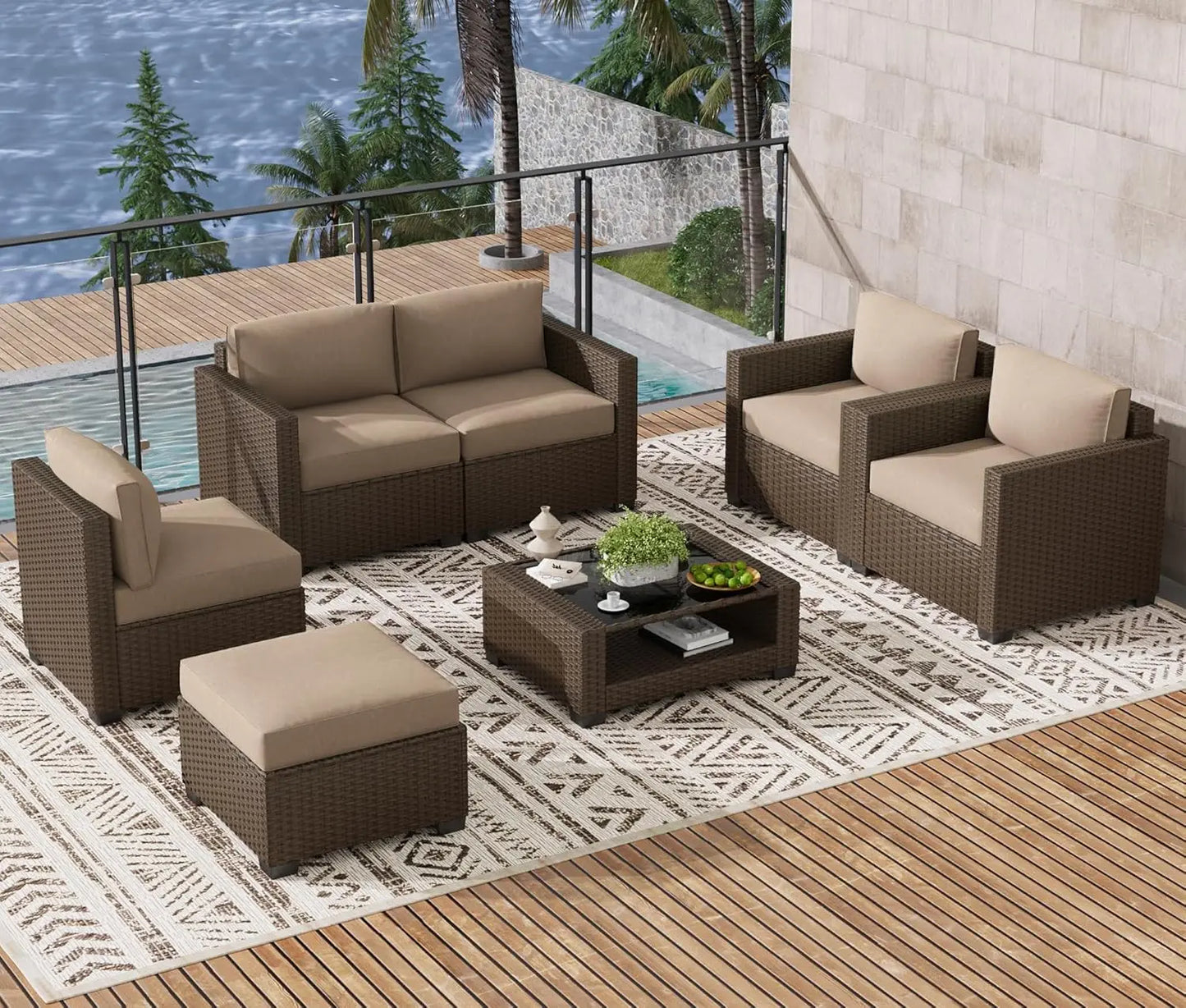 7pc Outdoor Patio Furniture Set Rattan Wicker Sectional Sofa Chairs Glass Table Cushions Brown Customized