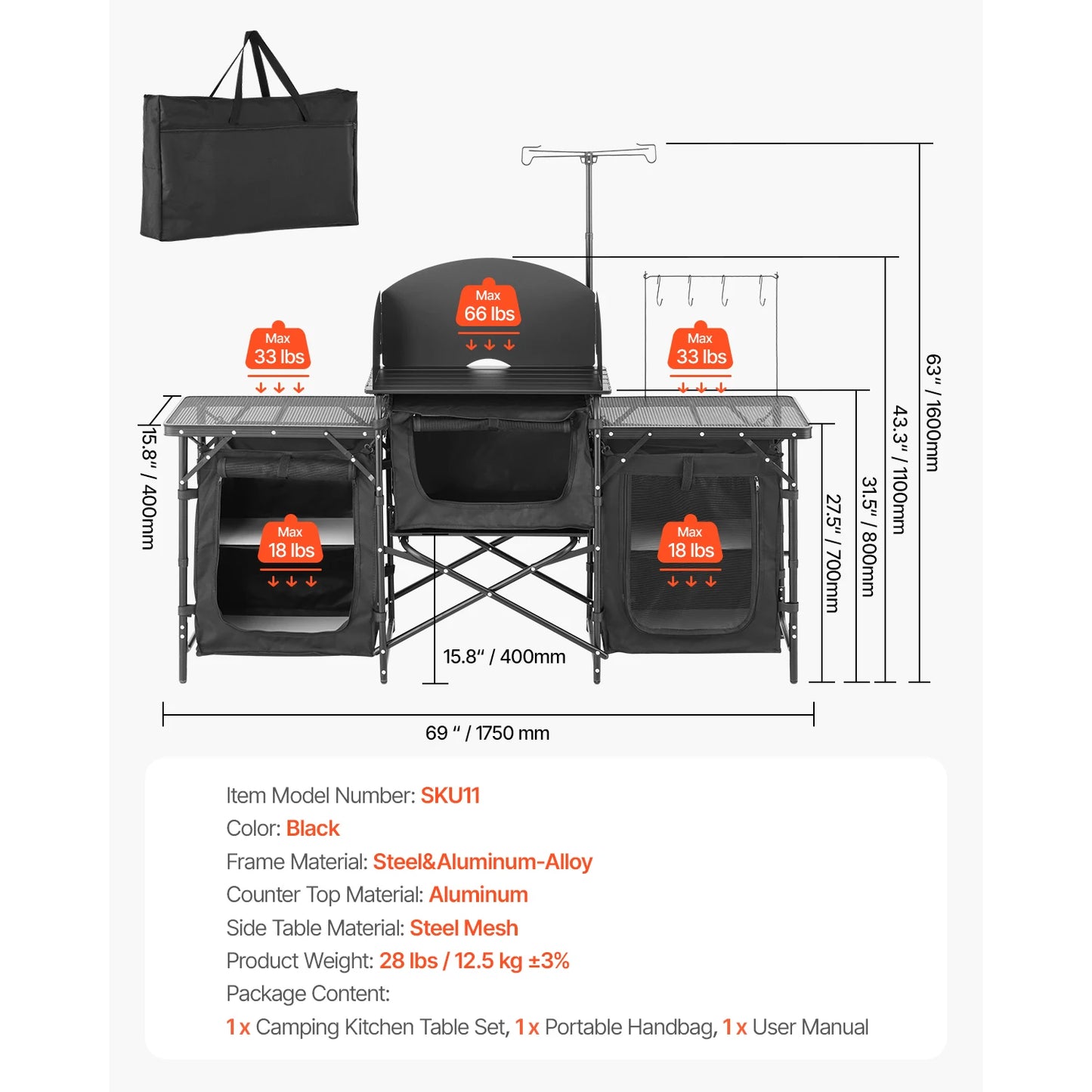 VEVOR Camping Kitchen Table Aluminum Portable Cook Station with 3 Storage Cupboard Carrying Bag Quick Set-up for BBQ Picnic