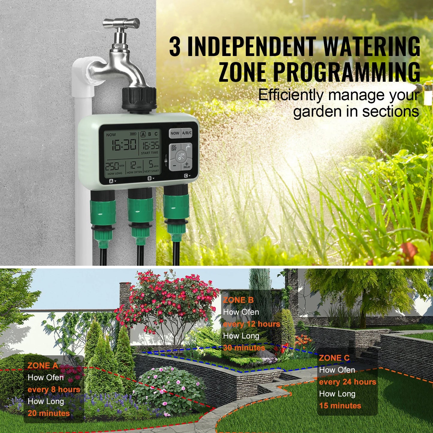 Water Timer 3 Outlets Hose 3 Independent Watering Zone LCD Display Rain Delay Mode Manual Mode Watering Sprinkler Timer