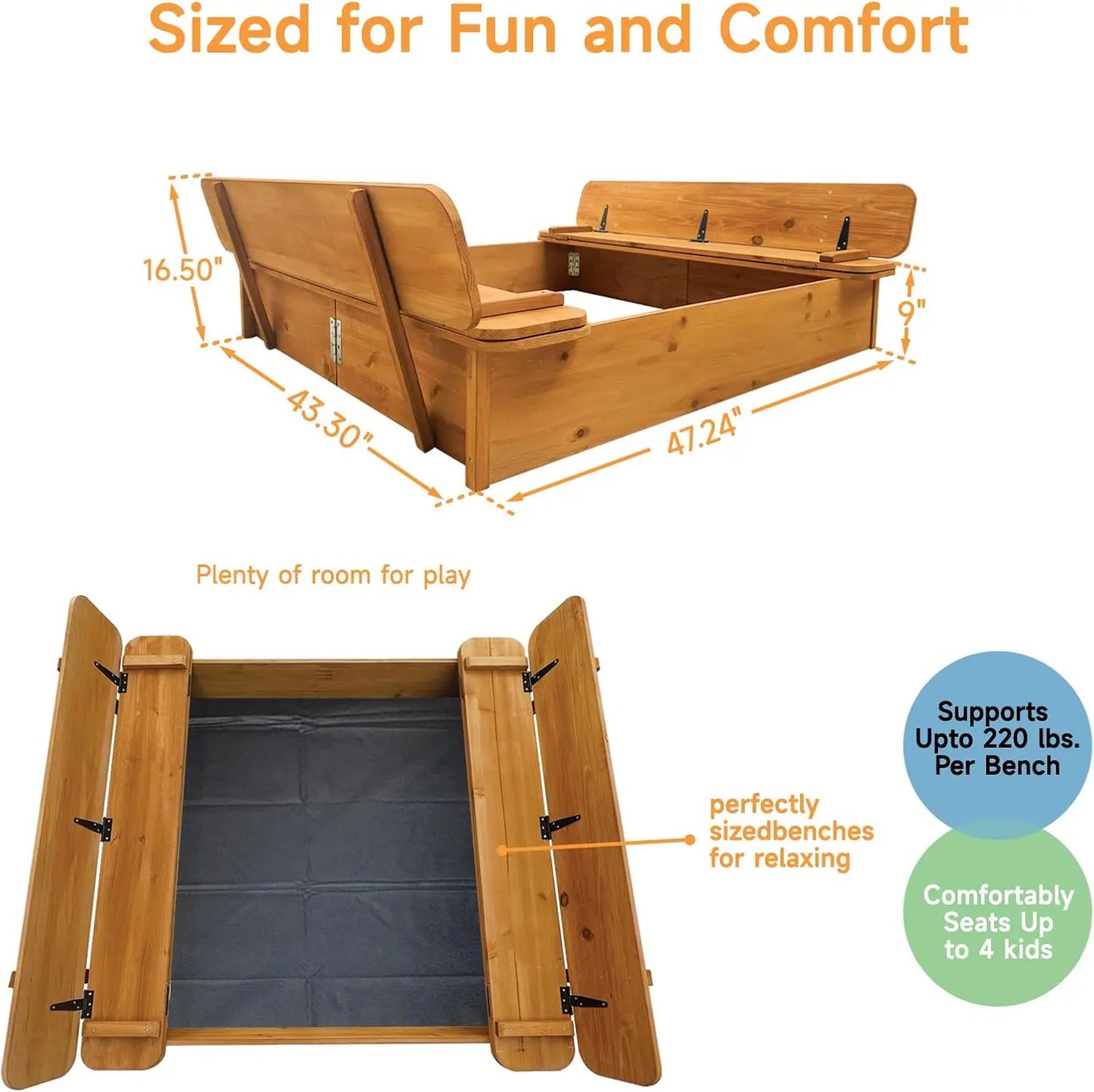 Large Wooden Kids Sandbox with Lid - Outdoor Sand Box for Kids with Cover Sand Protection, Foldable Bench Seats and Bottom Liner