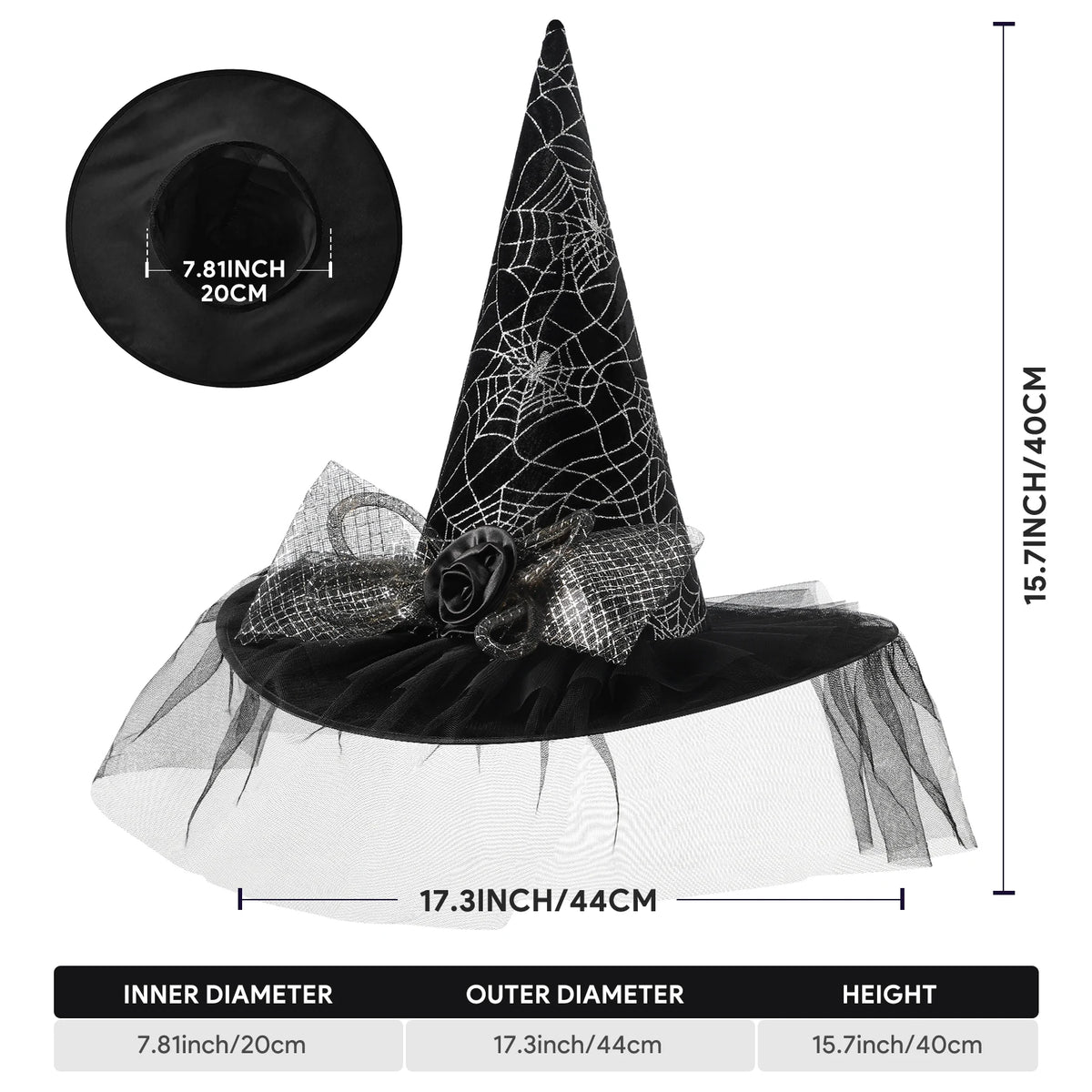 Women Halloween Witch Hat, 6 Styles Black Orange Purple Pointed Witch Hats with Spider Web Lace, Flower, Feather and LED Light Decor, Halloween Party Cosplay Costume Accessory