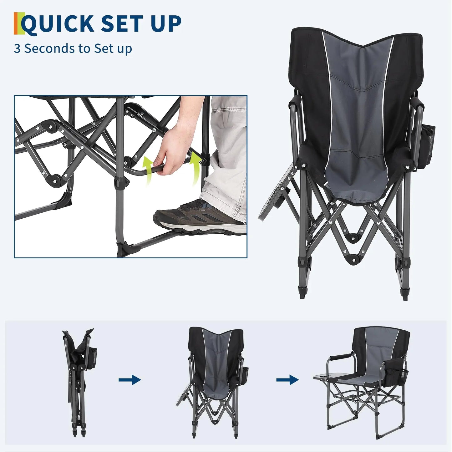 1 PCS Heavy Duty Oversized Directors Camping Chairs for Adults, 400lb Portable Folding Outdoor Lawn Chair with Side Table, Pocket & High Back, Ideal for Beach, Fishing, Picnic - Black