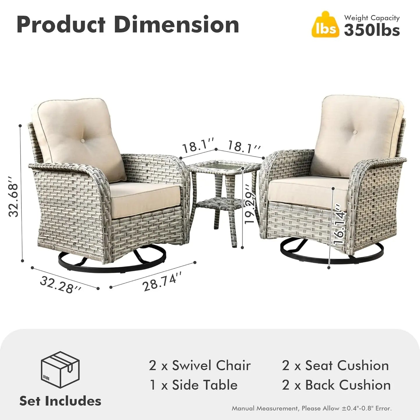 All-Weather Wicker Swivel Rocker Patio Chair Set of 2 with Coffee Table for Deck Porch Balcony Poolside, Customized