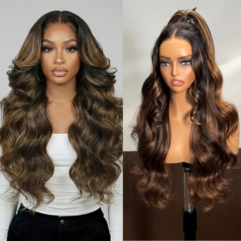 Wigs for Women for Halloween Featuring Ombre Brown Highlights, a Lace Front Made of Human Hair in Shades 1B/30, with a Body Wave Design. These 4X4 Ombre Brown Wigs Have a Natural Appearance, Elegant Style