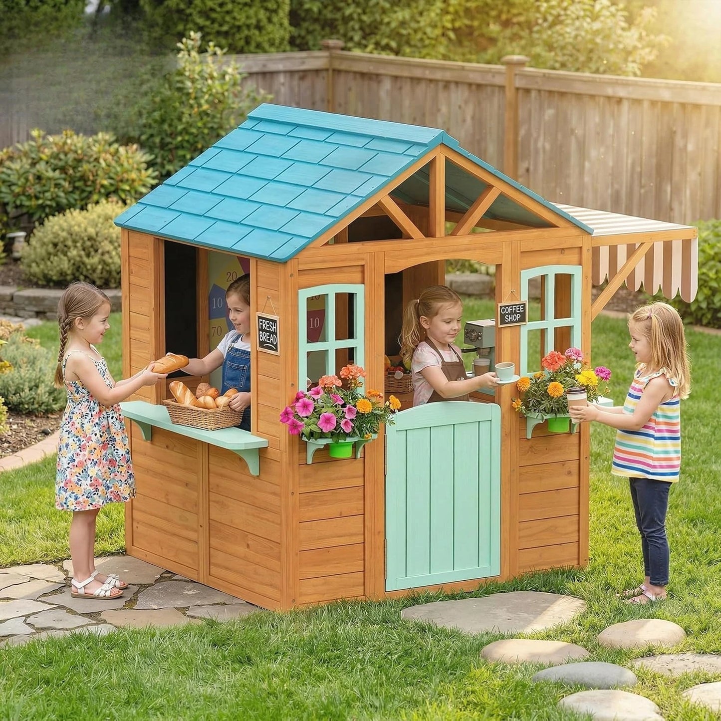 Wood Kids Playhouse Snack Bar Half Door Windows Flowerpot Chalkboard Tossing Game Backyard Age 3-6, Custom