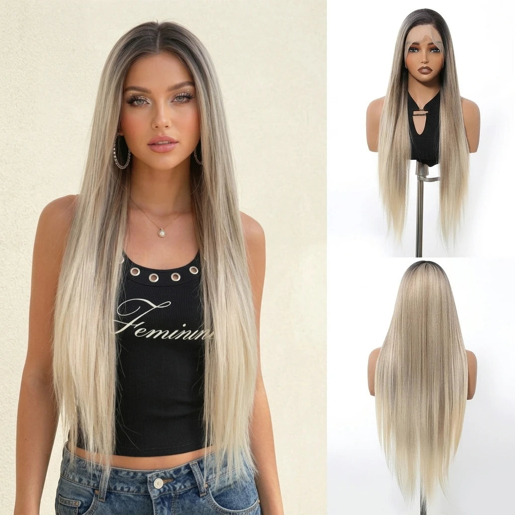 Halloween Wig Long Straight Ash Pink 13x4 HD Lace Front Wig 30 Inch Heat Resistant Fiber Synthetic Wig Glueless Synthetic Transparent Lace Frontal Wigs Pre Plucked Pastel Rose Gold for Women
