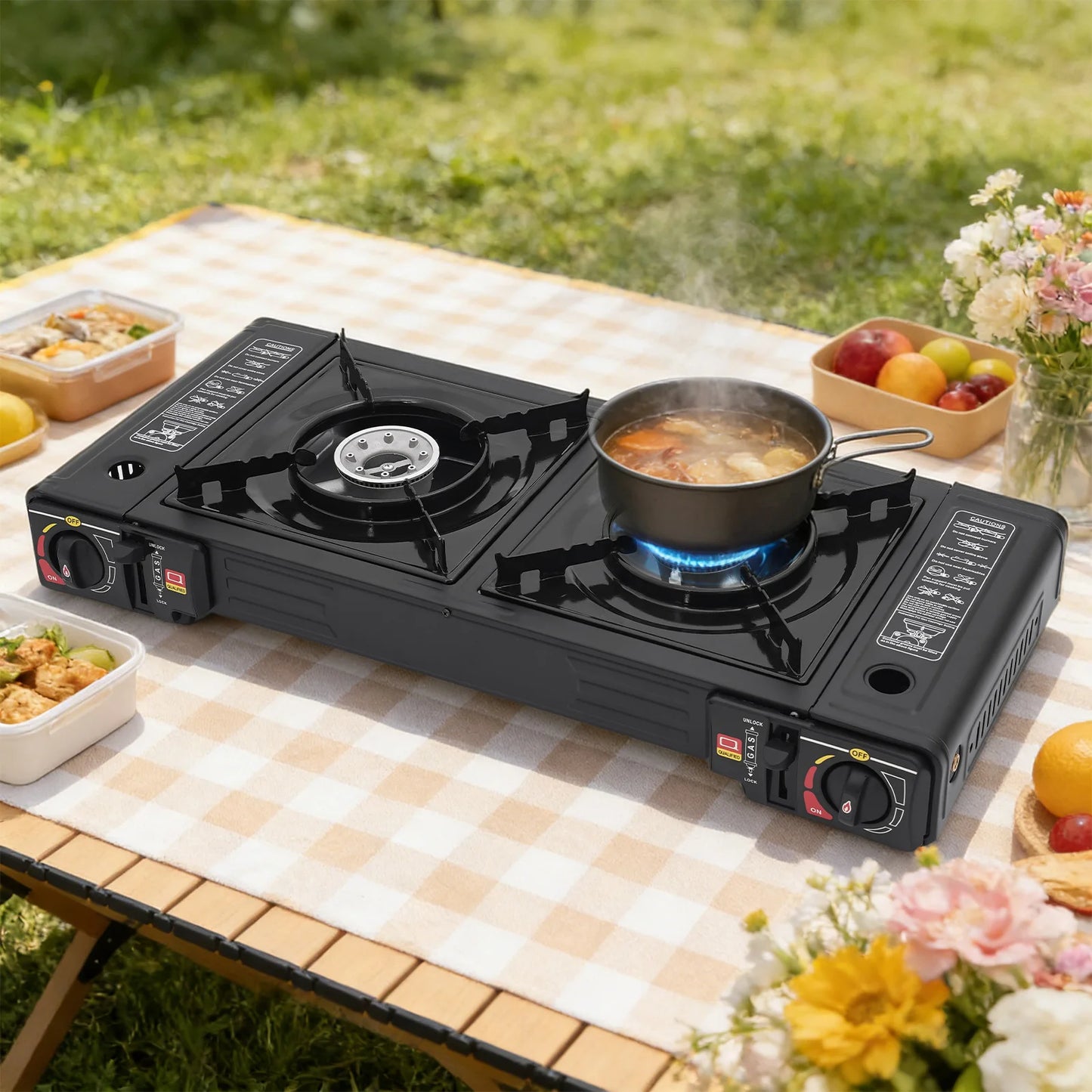 Portable Camping Stove 2 Burner 2500W Each Gas Cooktop Butane LPG Outdoor Picnic Cooking Tabletop Dual Control Overpressure Protection Lightweight Carry Case Fast Heating for RV Patio Hiking