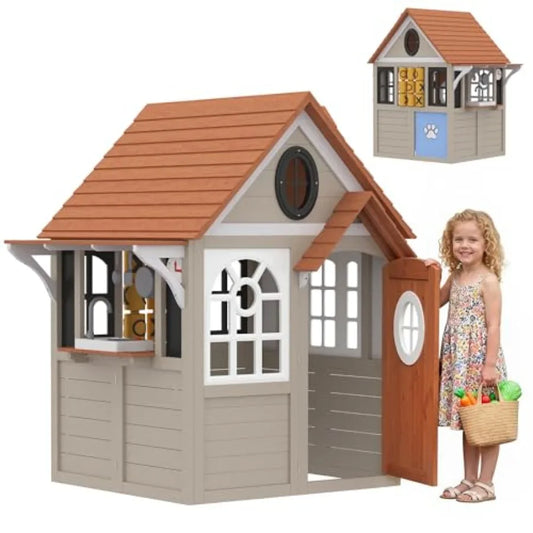 Outdoor Wooden Playhouse For Kids Aged 2+, Gray Finish, Includes Dog Door, Blackboard, Clock, Tic-Tac-Toe Roller, Cookware, Ide