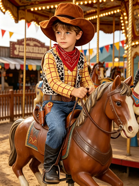 Boys vintage cowboy role play outfit includes full body jumpsuit, classic cowboy hat and decorative neck scarf, ideal for holiday cosplay and children's performance wear.