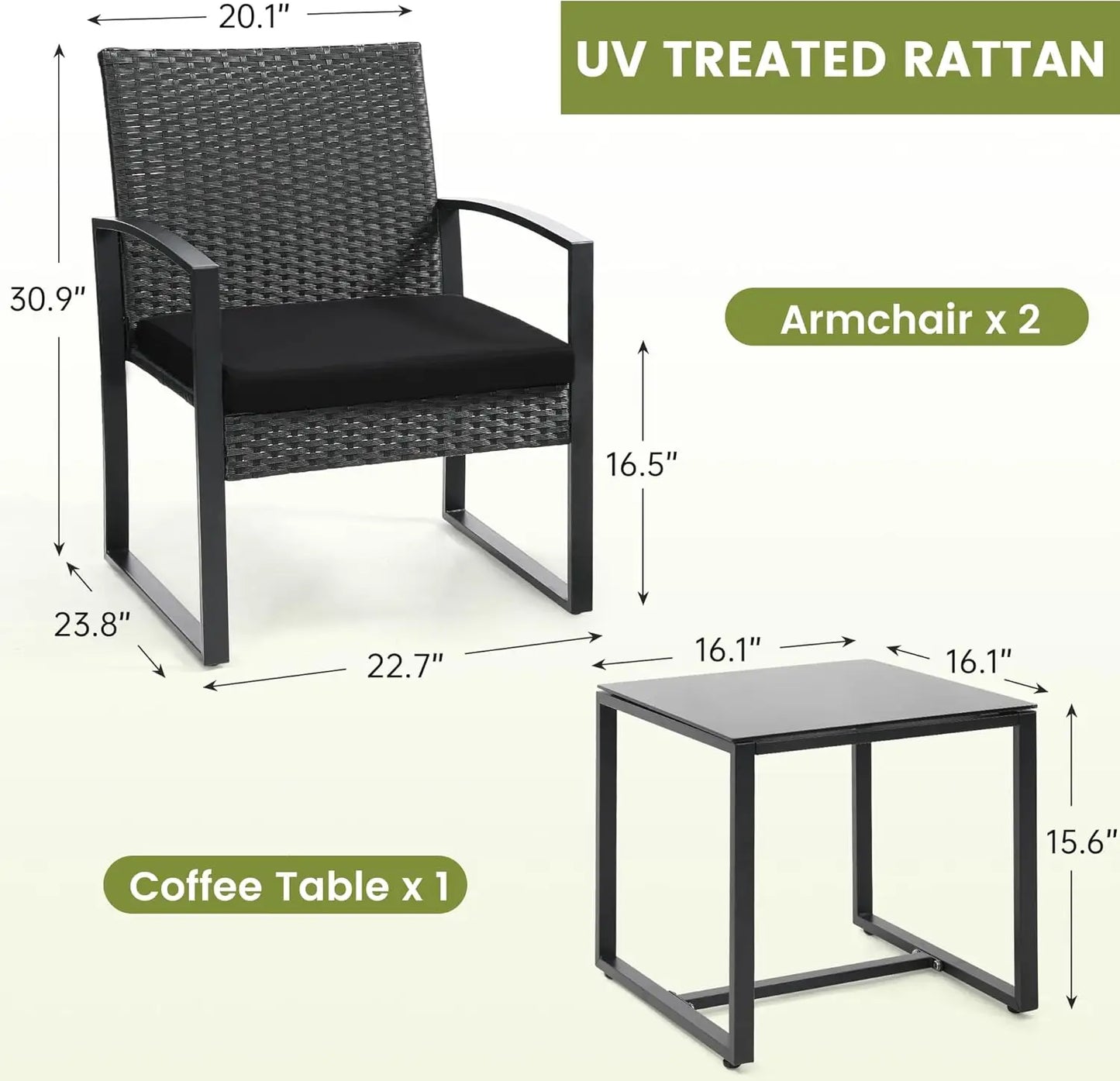 Black Frame Black Cushion 3 Piece Rattan Patio Bistro Set With Coffee Table For Balcony Porch Garden Yard Poolside
