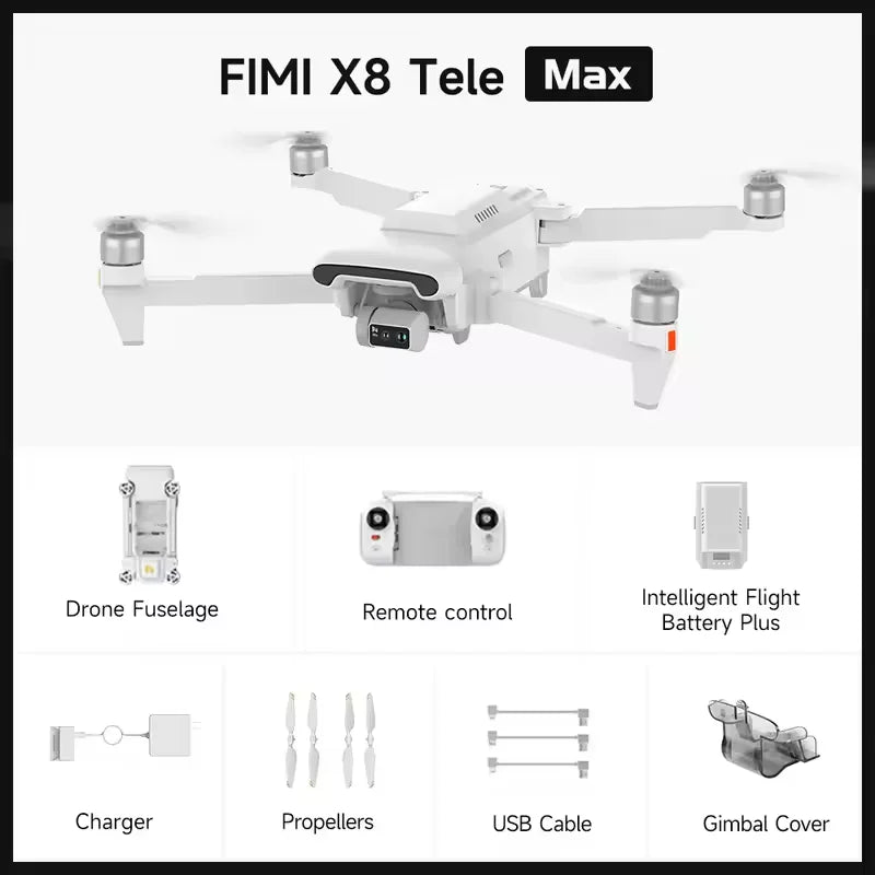 FIMI X8 Tele Max 4K Professional Drone Wide-Angle Tele Camera 30x Hybrid Zoom 3-axis Gimbal AI Super Night Video RC Quadcopter