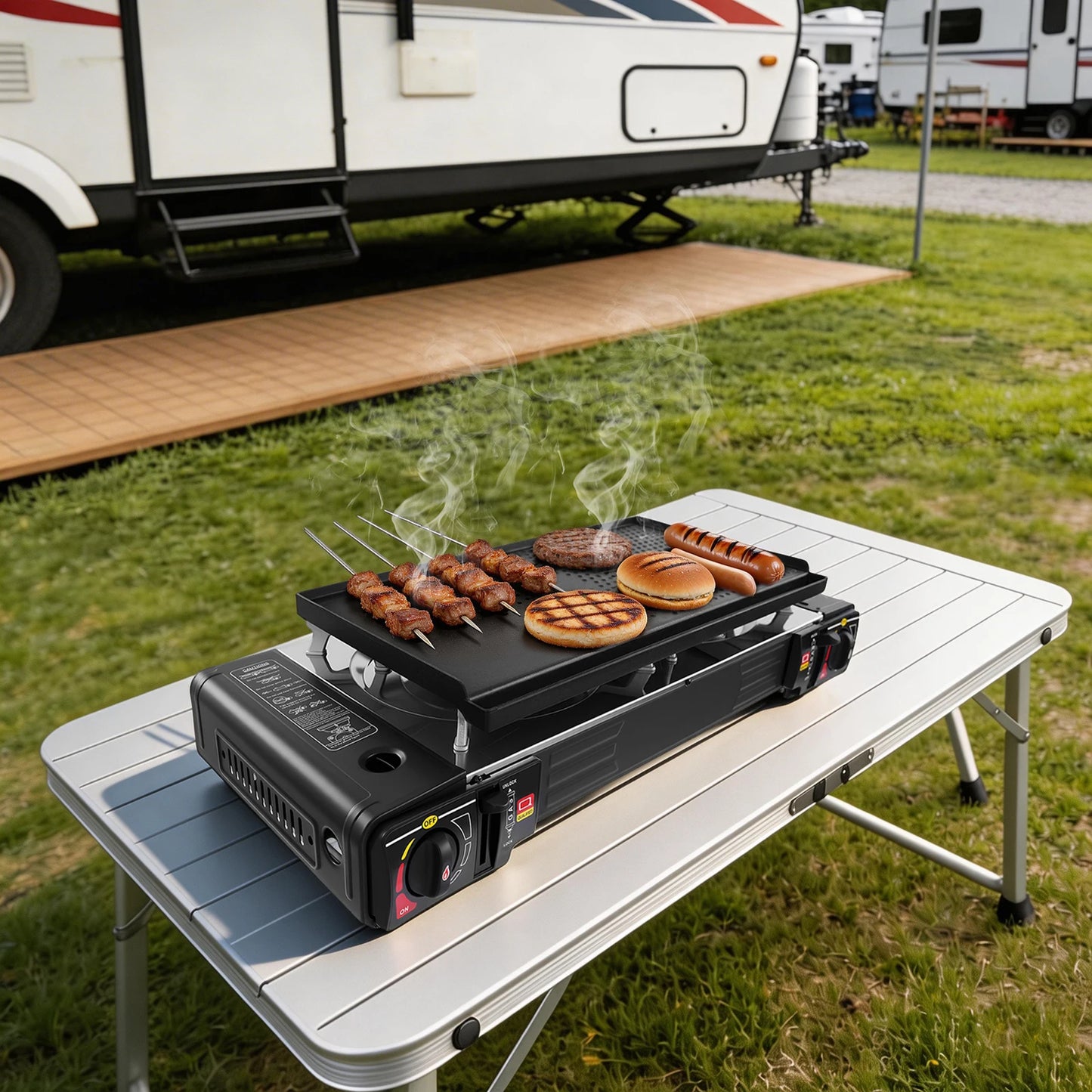 Camping Stove Propane Gas Stove Dual Burner Griddle Outdoor BBQ High Power 2100-2500W Low Gas Consumption 0.22lb/h Cast Iron Stainless Steel Aluminum Anti-Rust Easy Clean Oil Drip Tray Durable