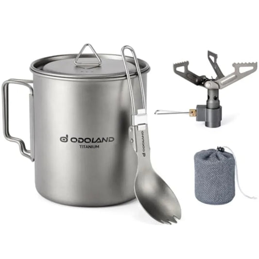 Titanium Camping Cookware 750ML Titanium Pot with Camping Stove and Spork Portable Pot for Backpacking Hiking Traveling and Pic