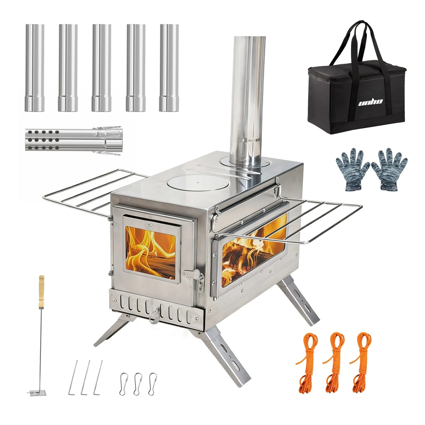 Portable Camping Tent Wood Stove for Outdoor Heating Stainless Steel Hot Tent Stove Burner Stove with 7 Chimney Pipes
