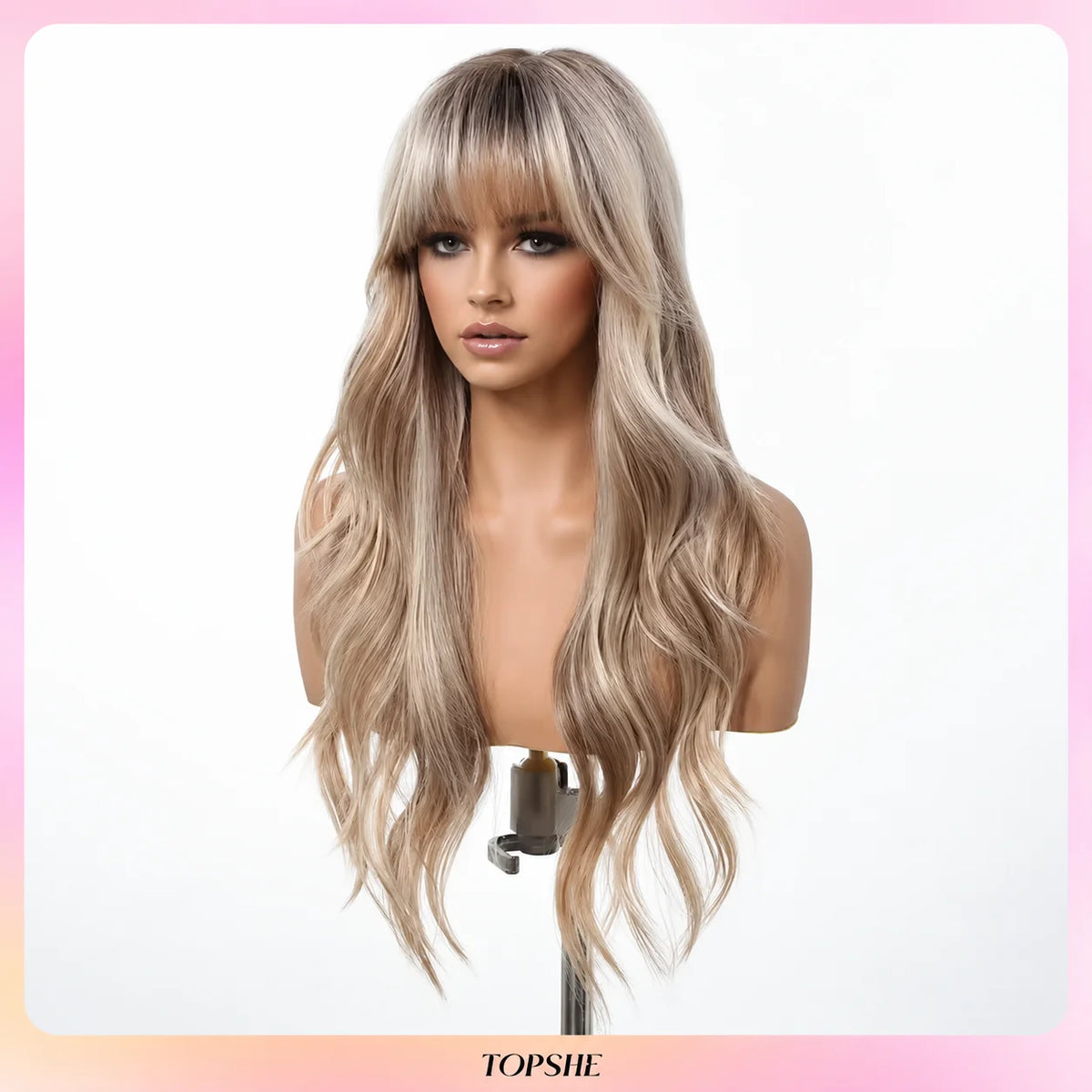 TOPSHE 24 Inch Long Wavy Synthetic Wig with Bangs Ombre Ash Blonde Highlight Dark Root Heat Resistant Fiber Hair Wigs for Women Girls Halloween Costume Party Daily Cosplay Natural Realistic Soft Silky Full Wig