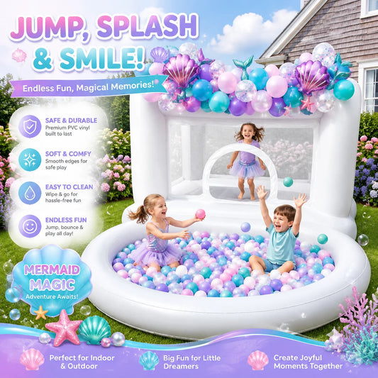 White Color Mini Size Inflatable White Bounce House with Ball Pit for Toddlers Airtight Bouncy Castle Portable for Kids Ages 3-6 Party Event Decoration Gift Indoor Outdoor Celebrations
