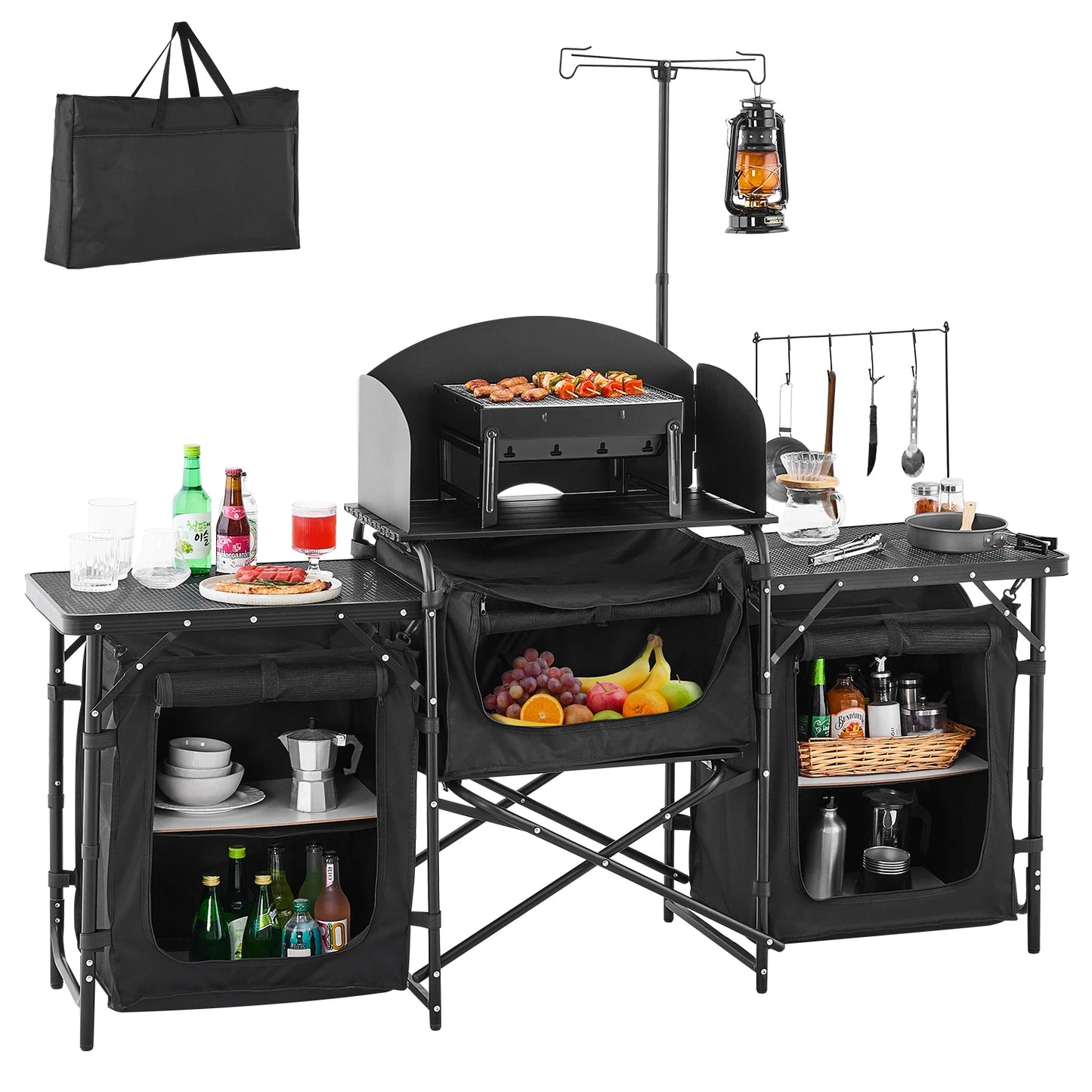VEVOR Camping Kitchen Table Aluminum Portable Cook Station with 3 Storage Cupboard Carrying Bag Quick Set-up for BBQ Picnic