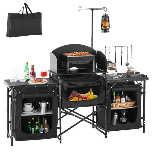 VEVOR Camping Kitchen Table Aluminum Portable Cook Station with 3 Storage Cupboard Carrying Bag Quick Set-up for BBQ Picnic