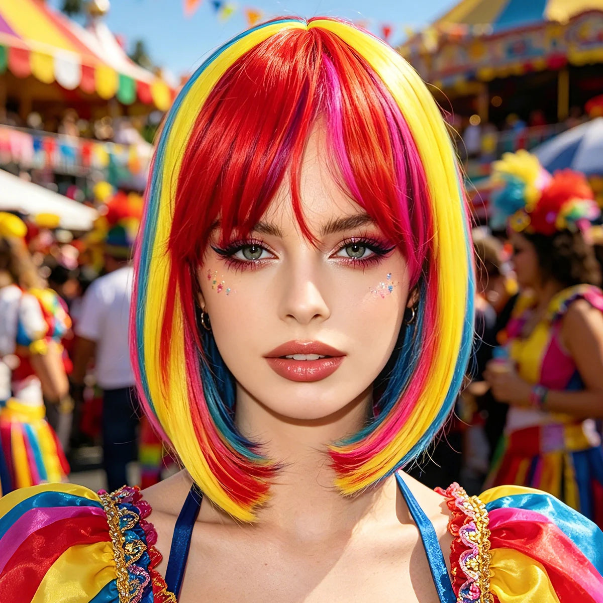 Rainbow Bob Wig Synthetic Short Straight Bangs Multi Color Cosplay Costume Wig Halloween Party Carnival Pride Parade Anime