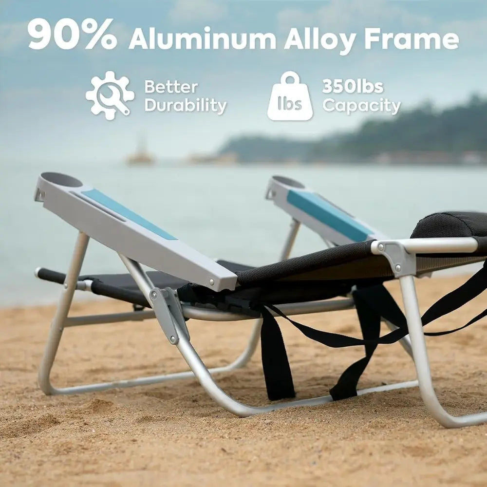 Portable Heavy-Duty Reclining Beach Chairs for Adults, 5 Positions, with Cup Holder, Suitable for Camping and Outdoors, Supports