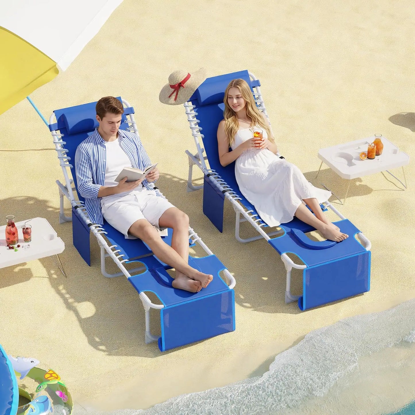 New Tanning Chair with Face Hole, 3-in-1 Outside Beach Lounge Chair with Folding Table, 5 Reclining Positions and Removable Pillow, for Beach, Pool, Patio, Garden -Max 330lbs (Blue)