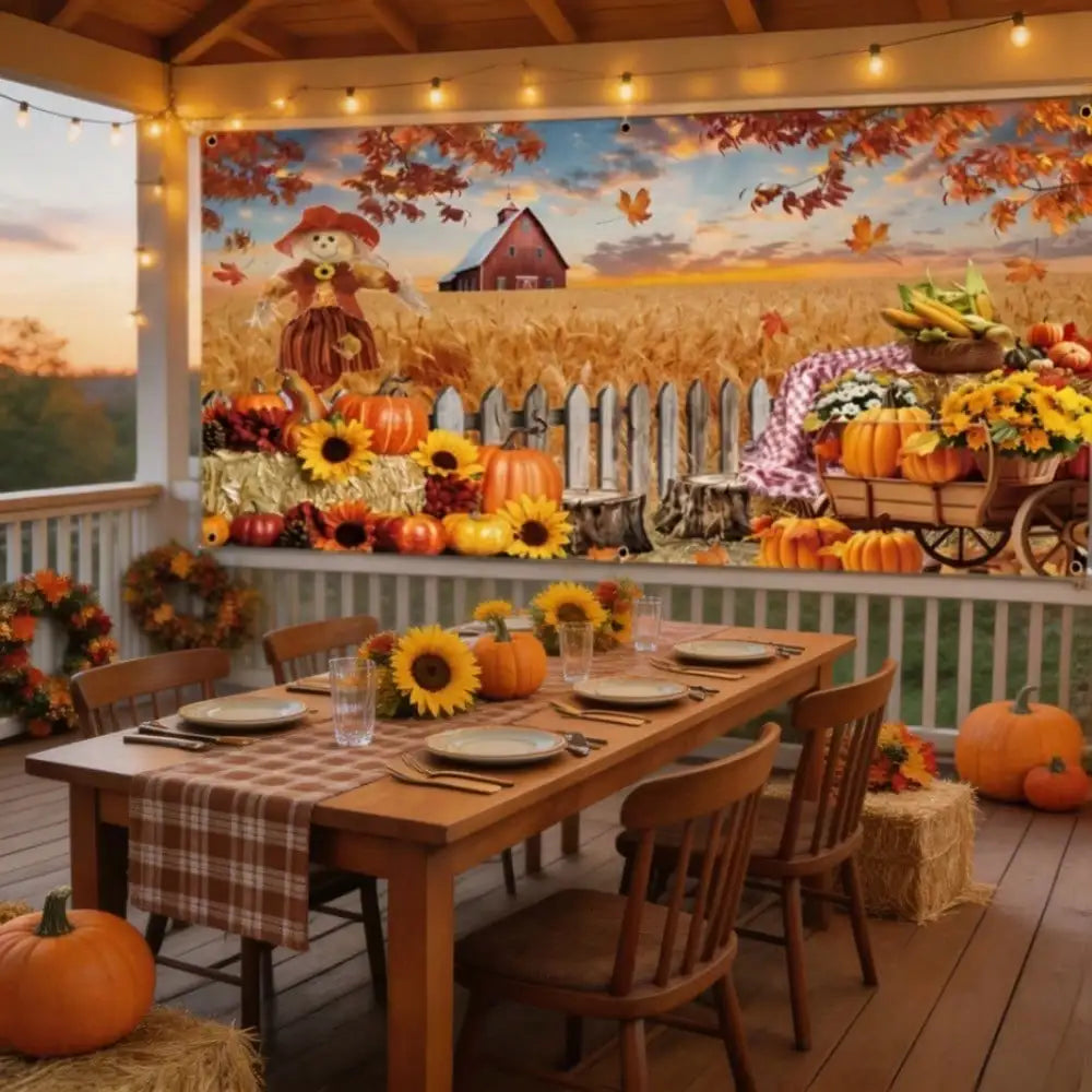1pc Thanksgiving Fall Harvest Backdrop Banner, 157*71in Large Pumpkin Scarecrow Farm Barn Photo Background Cloth With Balloon Chain, Autumn Thanksgiving Day Party Wall Hanging Decor Supplies