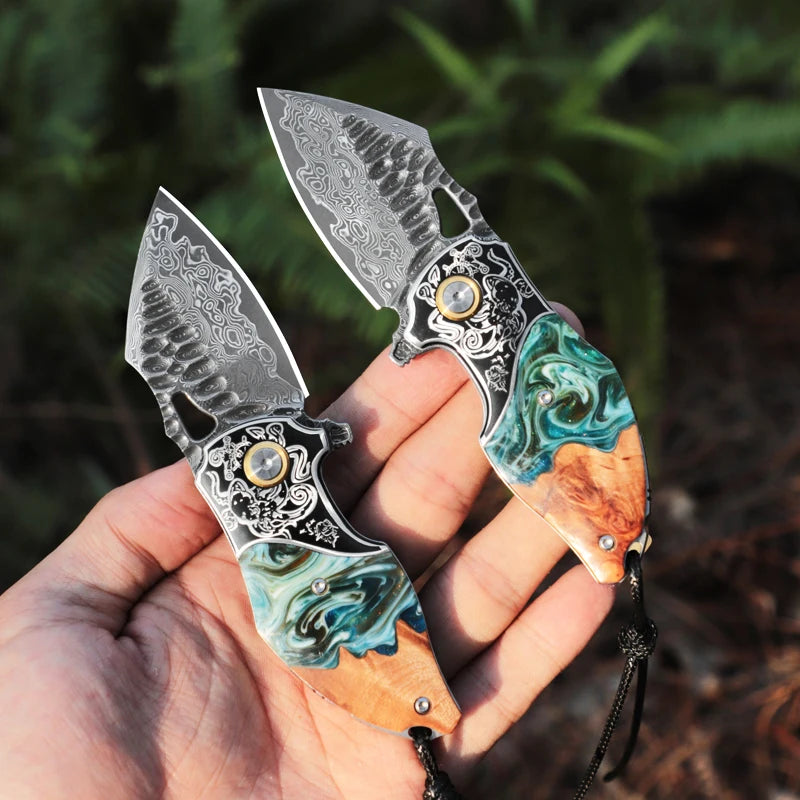 Damascus Steel Folding Pocket Knife, Unisex EDC Knife with Leather Sheath, Ideal for Camping, Exploration, and Survival Use