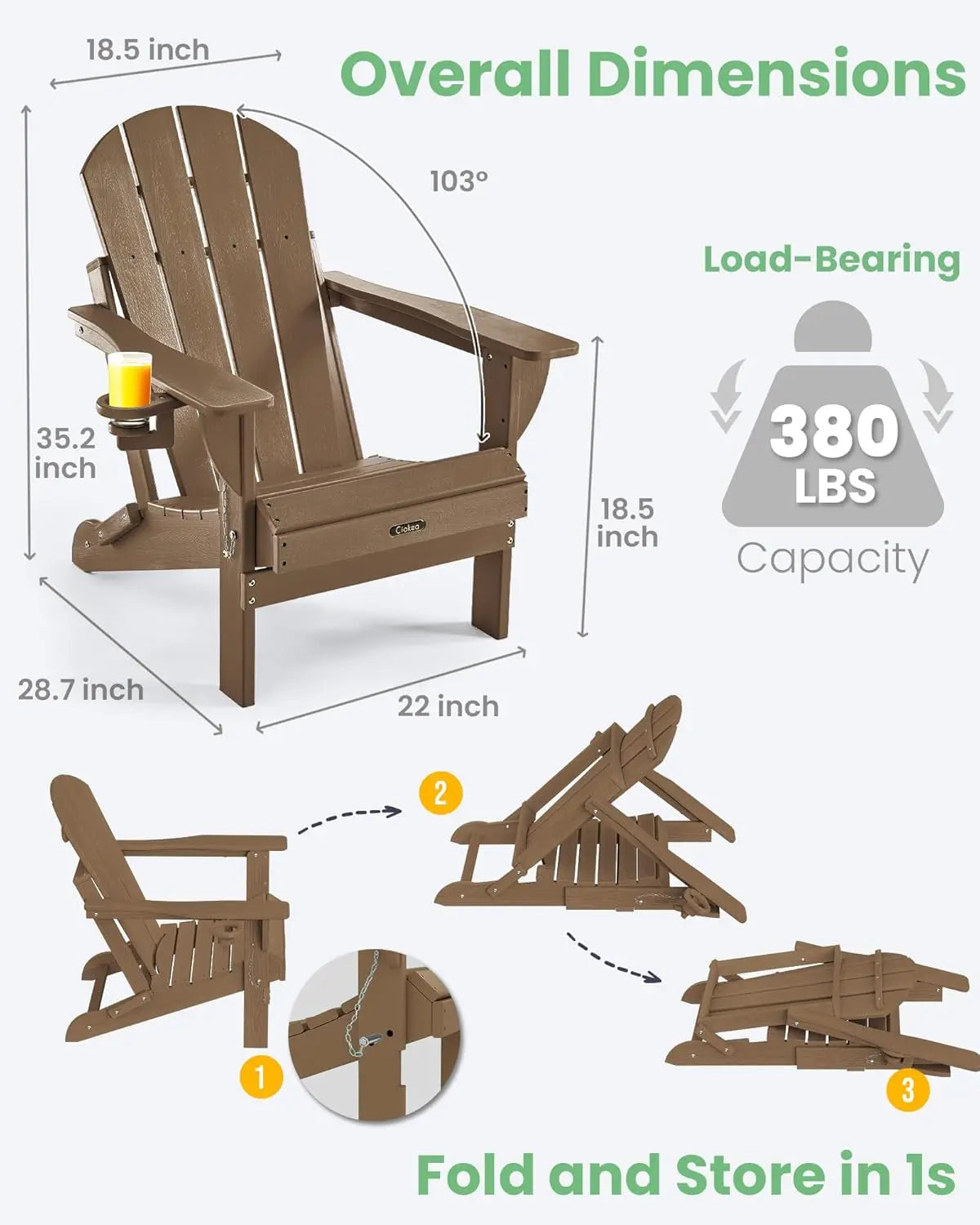 Folding Adirondack Chairs Set of 4, Patio Adirondack Chair Weather Resistant, Plastic Fire Pit Chair with Cup, Customized