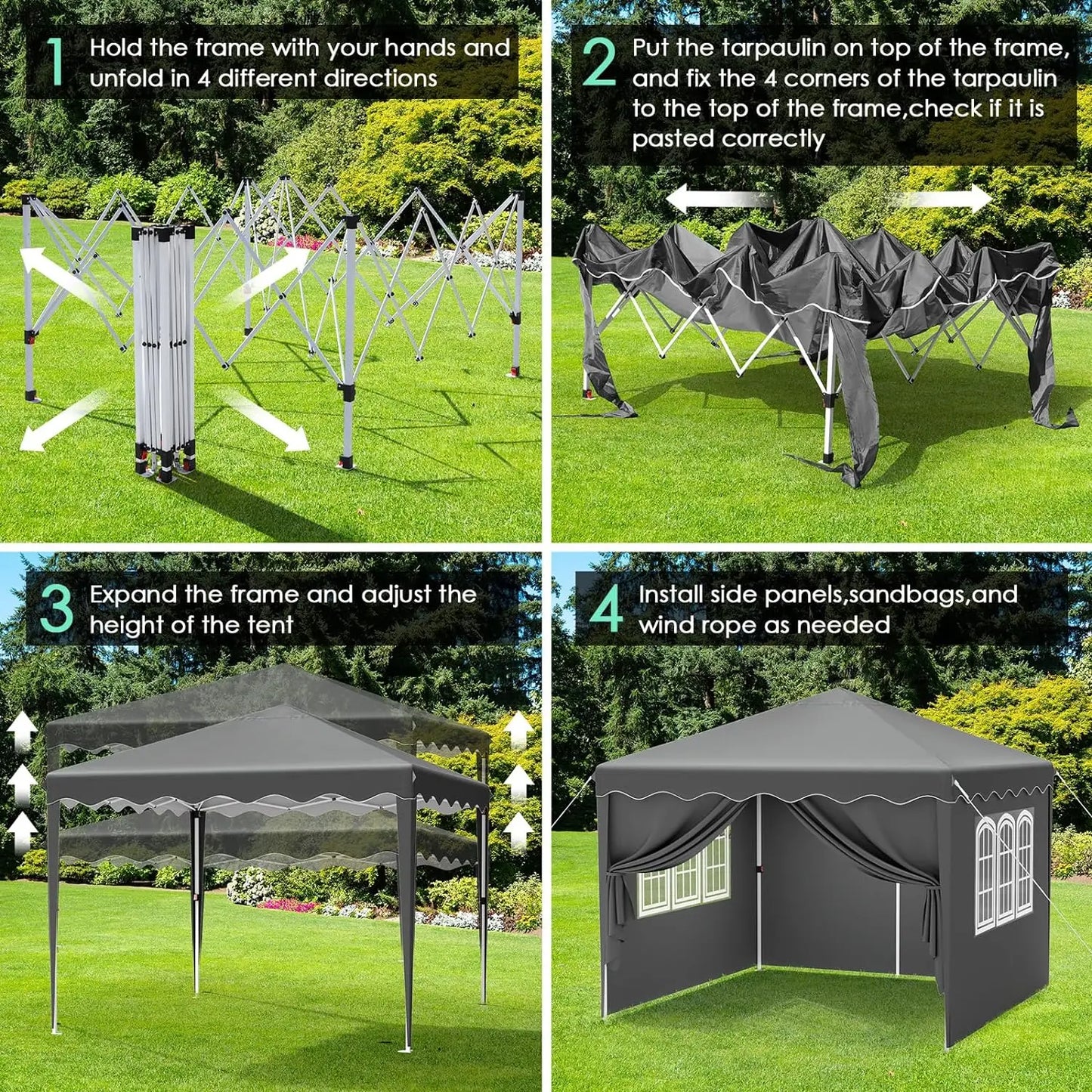 3x3m Pop Up Gazebo Marquee Outdoor Garden Party Tent ,Folding Camping Tent Canopy w/4 Sides & Sandbags Waterproof UV+50 Grey