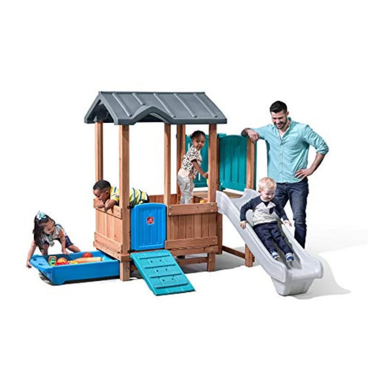 Woodland Adventure Playhouse & Slide, Kids Outdoor Playset, Backyard Playground Set, Swings, Storage Drawer, Made of Wood & Dura