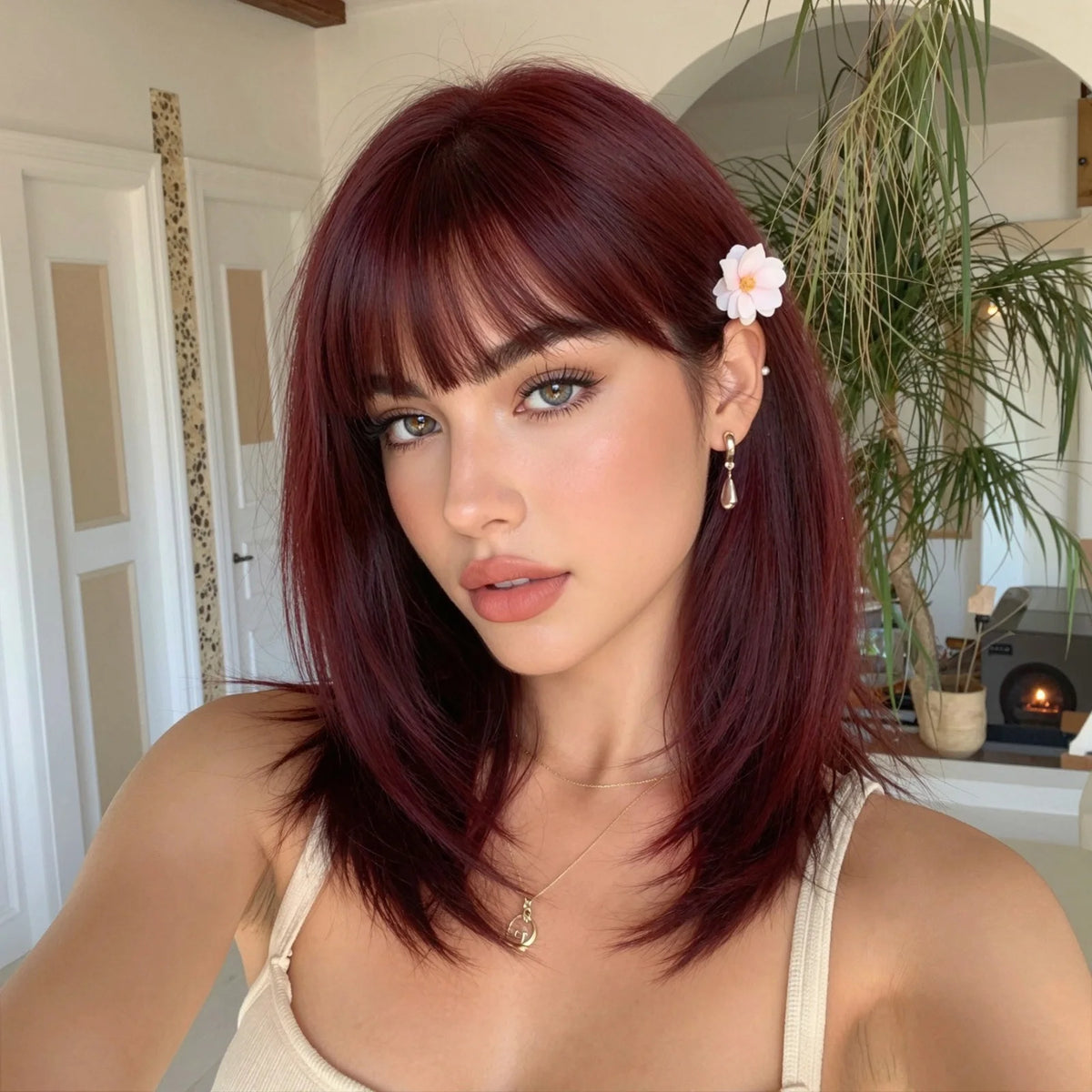 TopShe 14th Short Straight Wine Red Wig for Woman Synthetic Wig with Bangs Heat Resistant Fiber Straight Bob Wig for Woman Natural Looking Halloween WigCostume Party Cosplay Daily Wear Skin Friendly No Shedding No Tangles 170