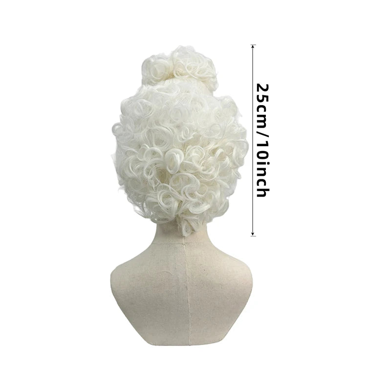 Pure White Premium Synthetic Fiber Rococo Baroque Wig Tight Curls Ringlets Fluffy Voluminous Updo with Top Bun Heat Resistant Adjustable Cap for Women Cosplay Party Halloween Costume Role Play Stage Show Photo Shoot