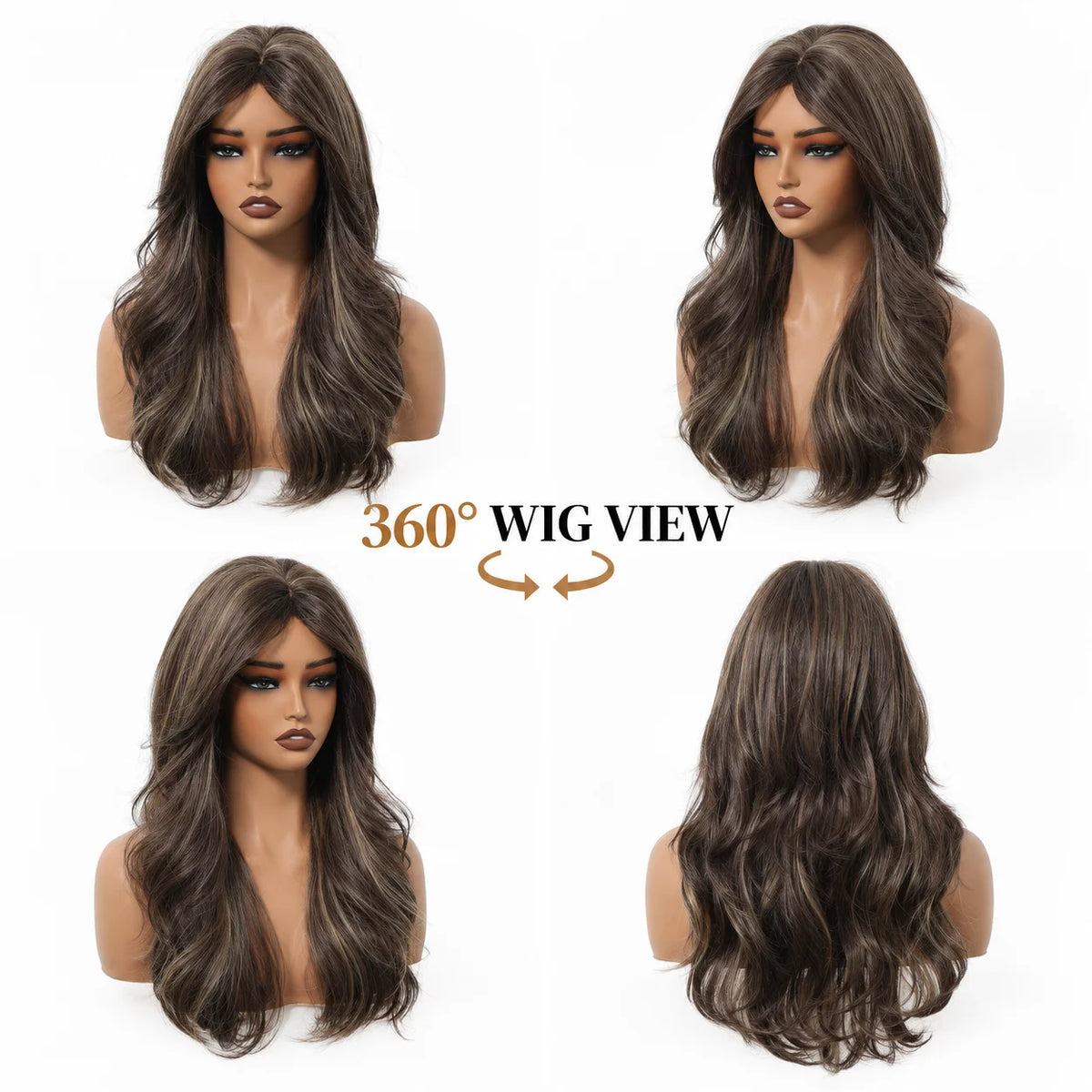 Halloween Wig TopShe Long Wavy Synthetic Hair 22 Inch Dimensional Highlighted Brown Wigs Natural Looking Center Part Layered Waves for Women Party Daily Wear Soft Heat Resistant Hairpiece Fancy Dress Up Style Fall Winter Cost
