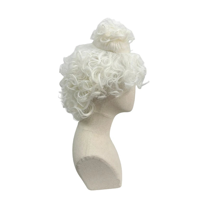 Pure White Premium Synthetic Fiber Rococo Baroque Wig Tight Curls Ringlets Fluffy Voluminous Updo with Top Bun Heat Resistant Adjustable Cap for Women Cosplay Party Halloween Costume Role Play Stage Show Photo Shoot