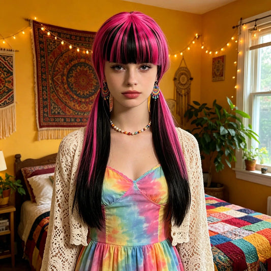 Black Pink Premium Synthetic Fiber Long Straight Wig Split Color Streaks with Bangs Low Twin Tails Pigtails Straight Tail Heat Resistant Adjustable Cap for Women Girls Anime Cosplay Party Halloween Costume Role Play Stage Sho