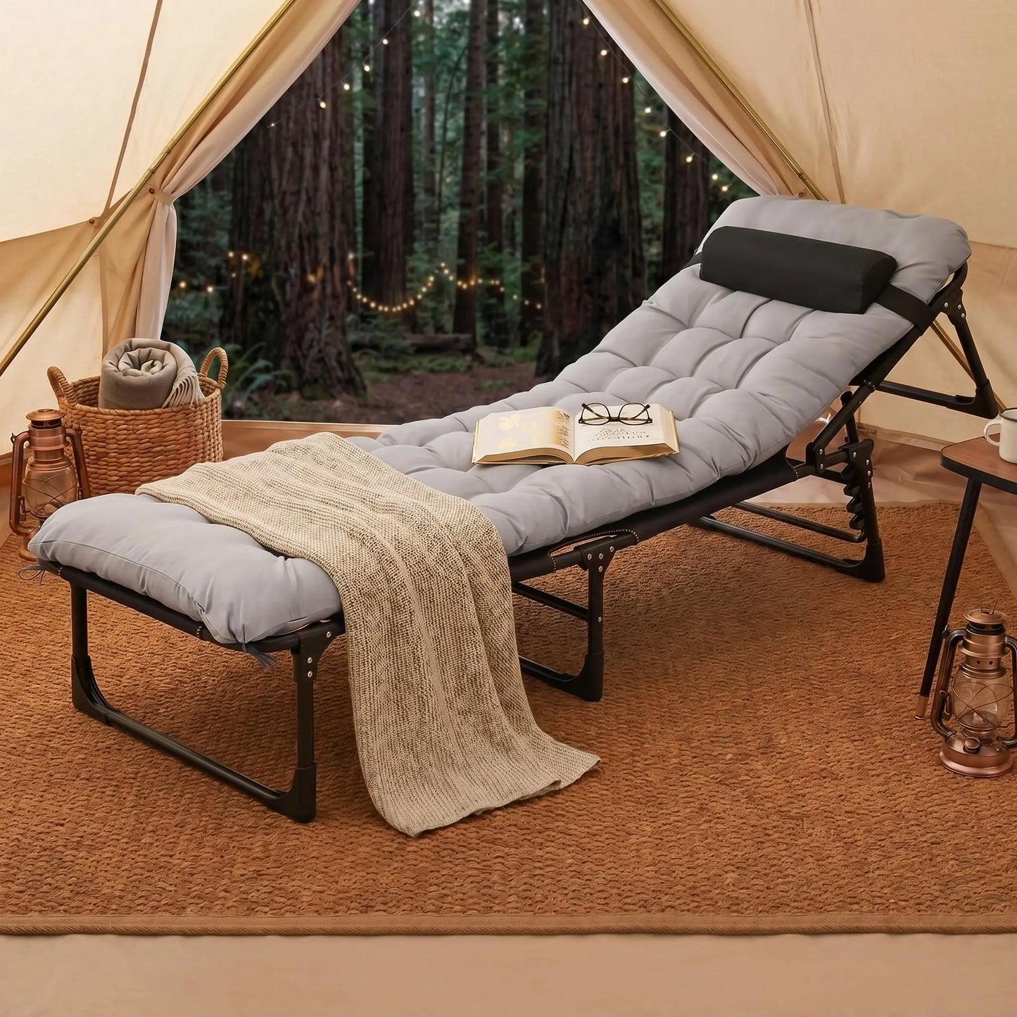 170/190/200cm Foldable Camping Cot For Adults With Mattress & Pillow, 5-Position Adjustable Portable Guest Bed, 400lb Capacity