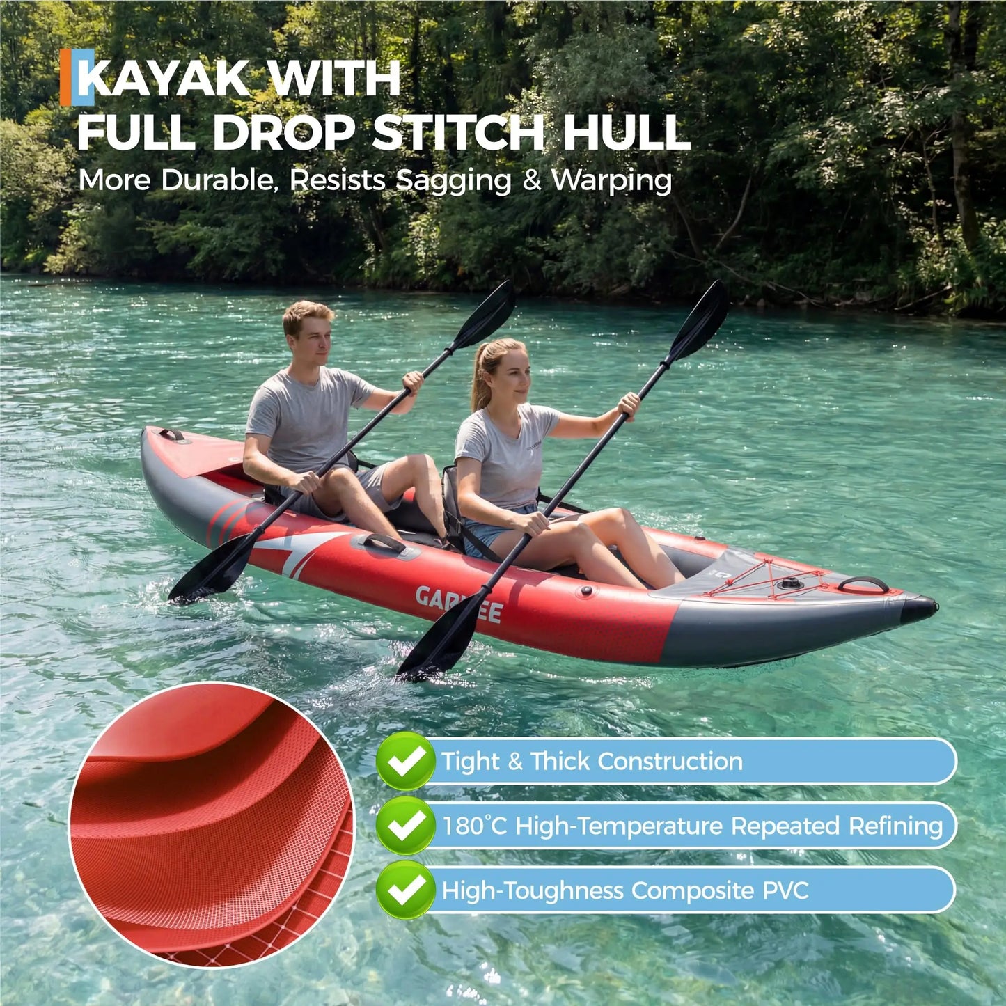 12.5FT 2 Person Inflatable Kayak Fishing Touring Boat Portable Canoe Heavy Duty PVC With Seats Paddles Pump