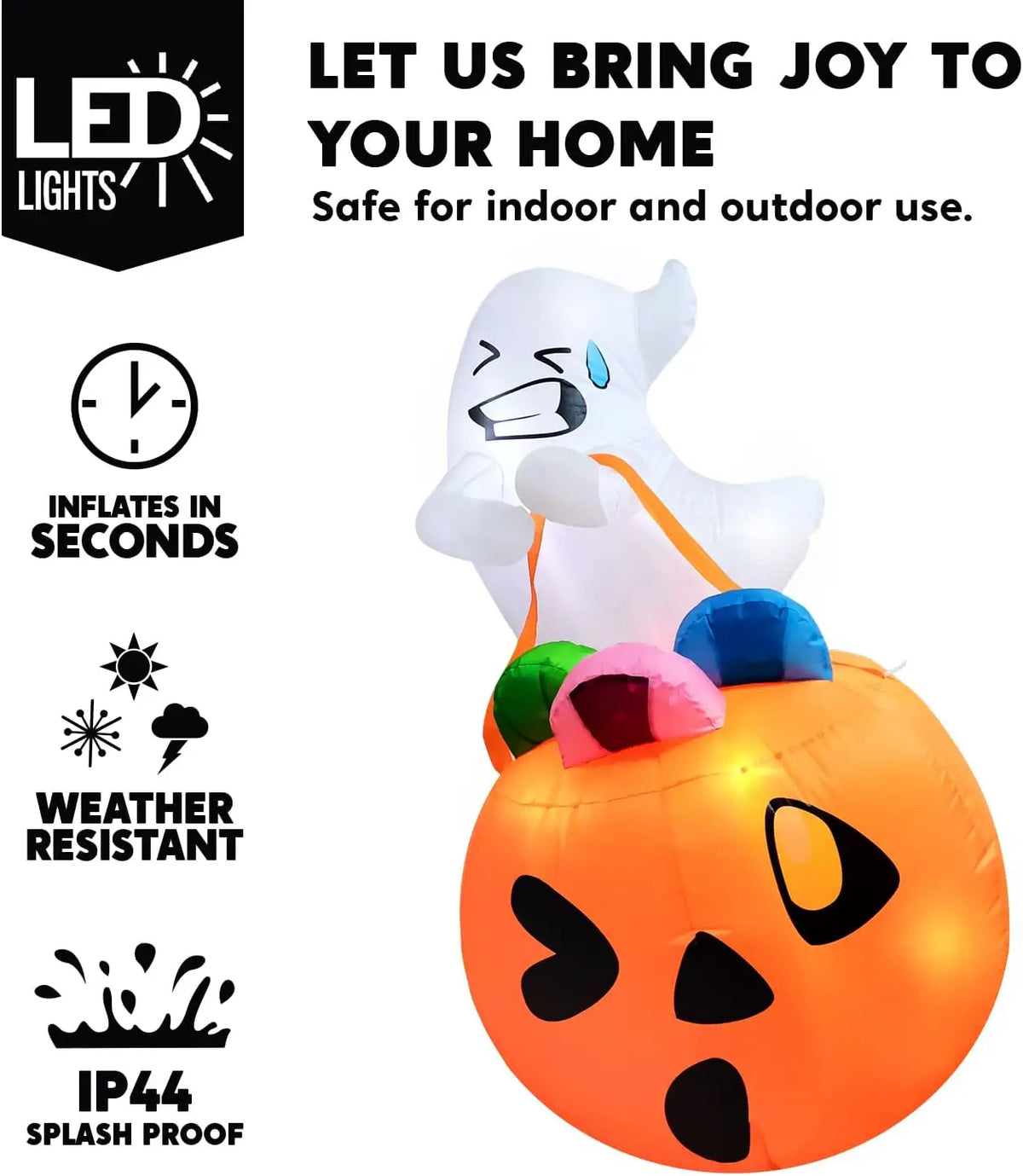 5 FT Tall Halloween Inflatables Outdoor Decorations Cute Ghost Blow Up Ghost Lift Pumpkin Candy Bag with Build-in LEDs For Halloween Gifts