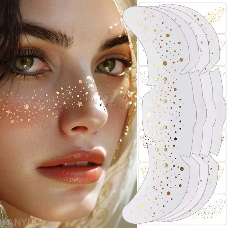 6 Sheets Hot Stamping Freckles Makeup Patches Glitter Gold Fake Freckles Temporary Tattoo Stickers for Dance Music Party Makeup