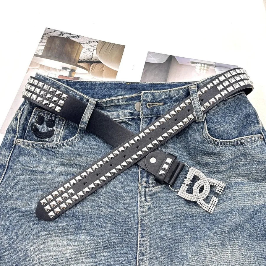 YK2 luxury women rhinestone punk belt hot girl fashion rivet leather embedded decorative unique style