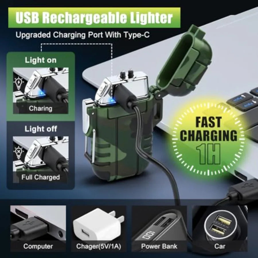 Electric Lighter USB C Rechargeable Plasma Lighter Windproof Flameless Arc Lighters, Waterproof Matches for Camping Hiking Hunt