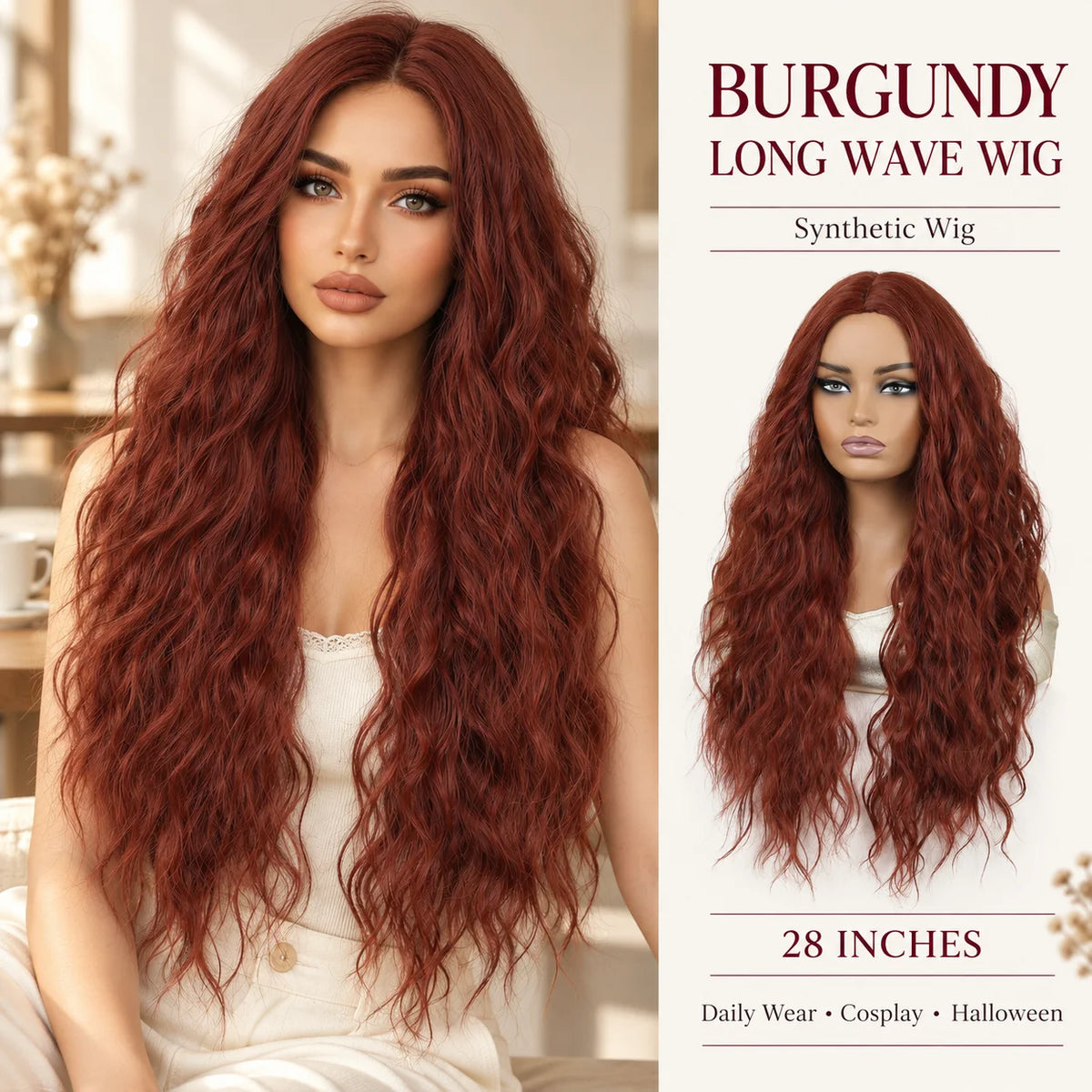 TopShe 28 Inch Burgundy Long Wavy Synthetic Wig for Women Heat Resistant Dark Red Wine Red Center Part Bouncy Curly Hair Wigs Natural Looking Soft Hairpiece Daily Wear Cosplay Costume Halloween Party Festival Gift