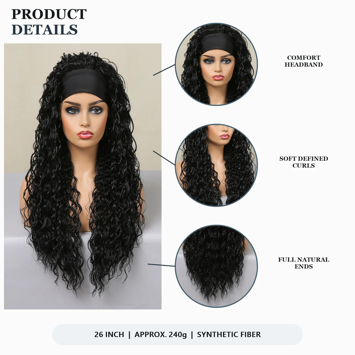 Halloween Wig TopShe Headband Wig Long Body Wave Wig with Headband Blanck Curly Synthetic Wig for Woman 26inch Heat Resistant Fiber Kinky Curly Wave Glueless Daily Party Cosplay Costume Soft Natural Looking
