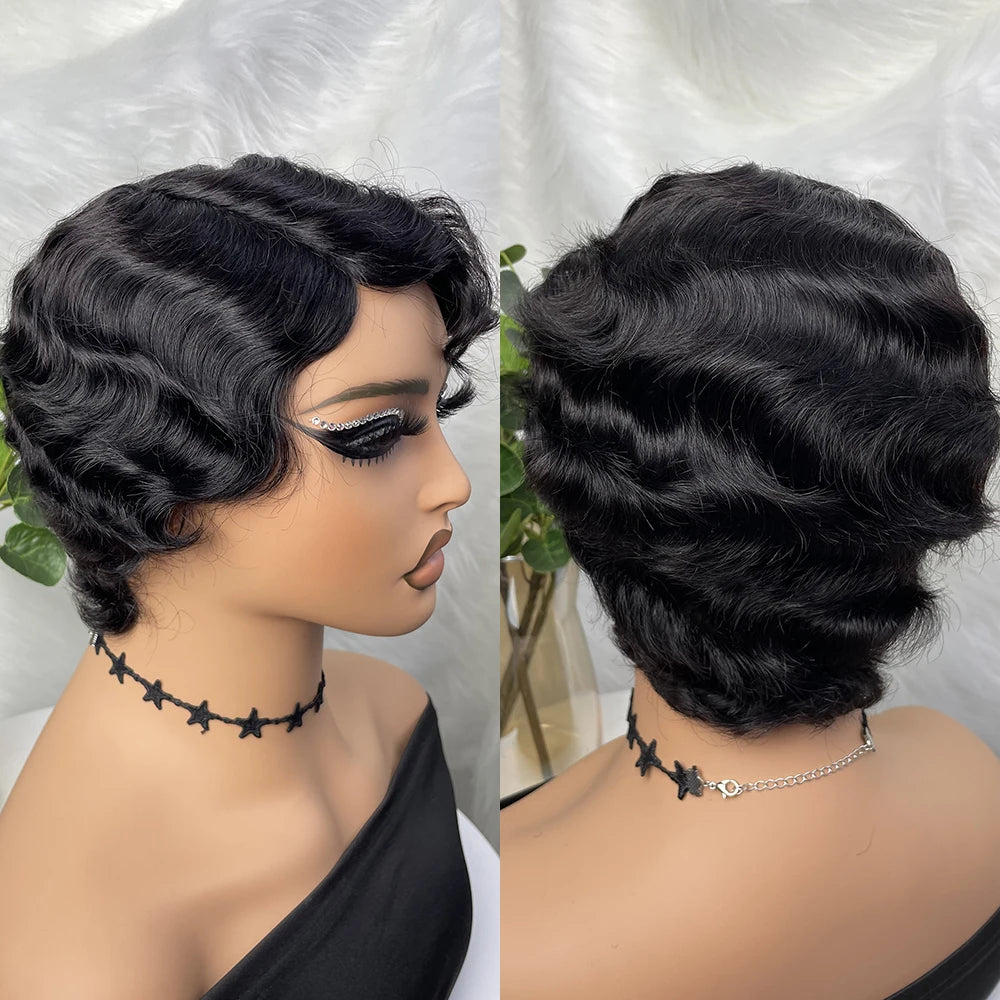 Finger Wave Wig Short Mommy Hair Curly Wigs for Black Women Lady Wig Cosplay Costume Halloween Party Pixie Cut Wig Human Hair