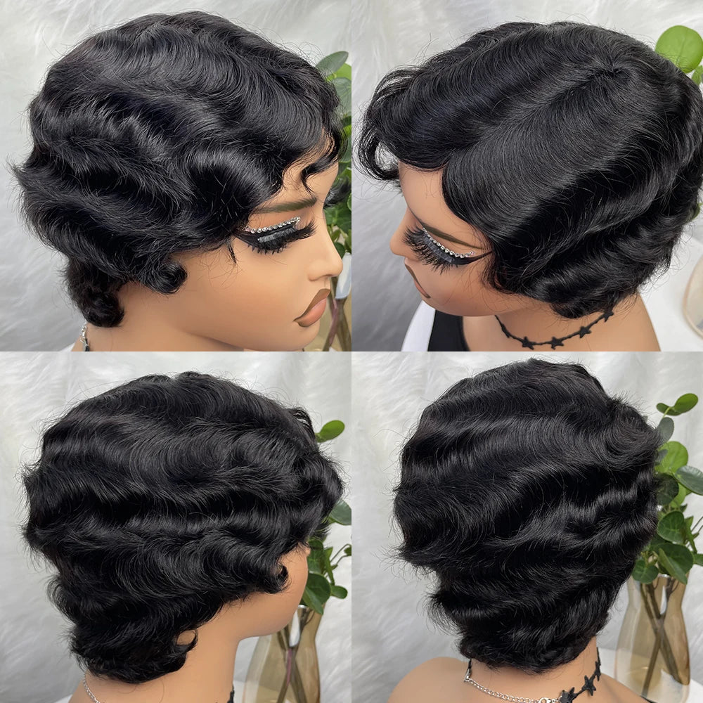 Finger Wave Wig Short Mommy Hair Curly Wigs for Black Women Lady Wig Cosplay Costume Halloween Party Pixie Cut Wig Human Hair