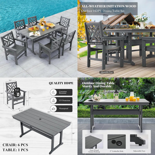HDPE 7-Piece Outdoor Dining Set with 62.5" Table Umbrella Hole 6 Chairs Weatherproof Gray Customized