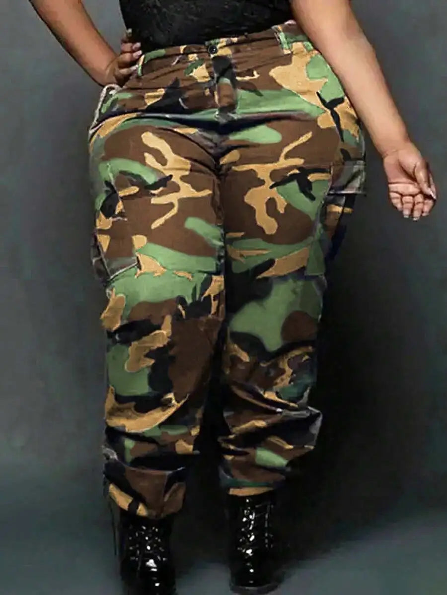 Plus Size Women Casual Versatile Camouflage Pocket Cargo Pants