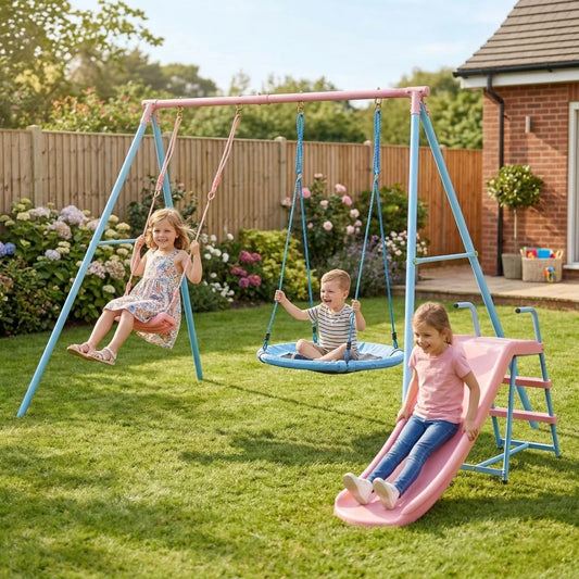 XNS107 	 Two Swing Set with Slide Blue And Pink For Outdoor Kids Playground    RR