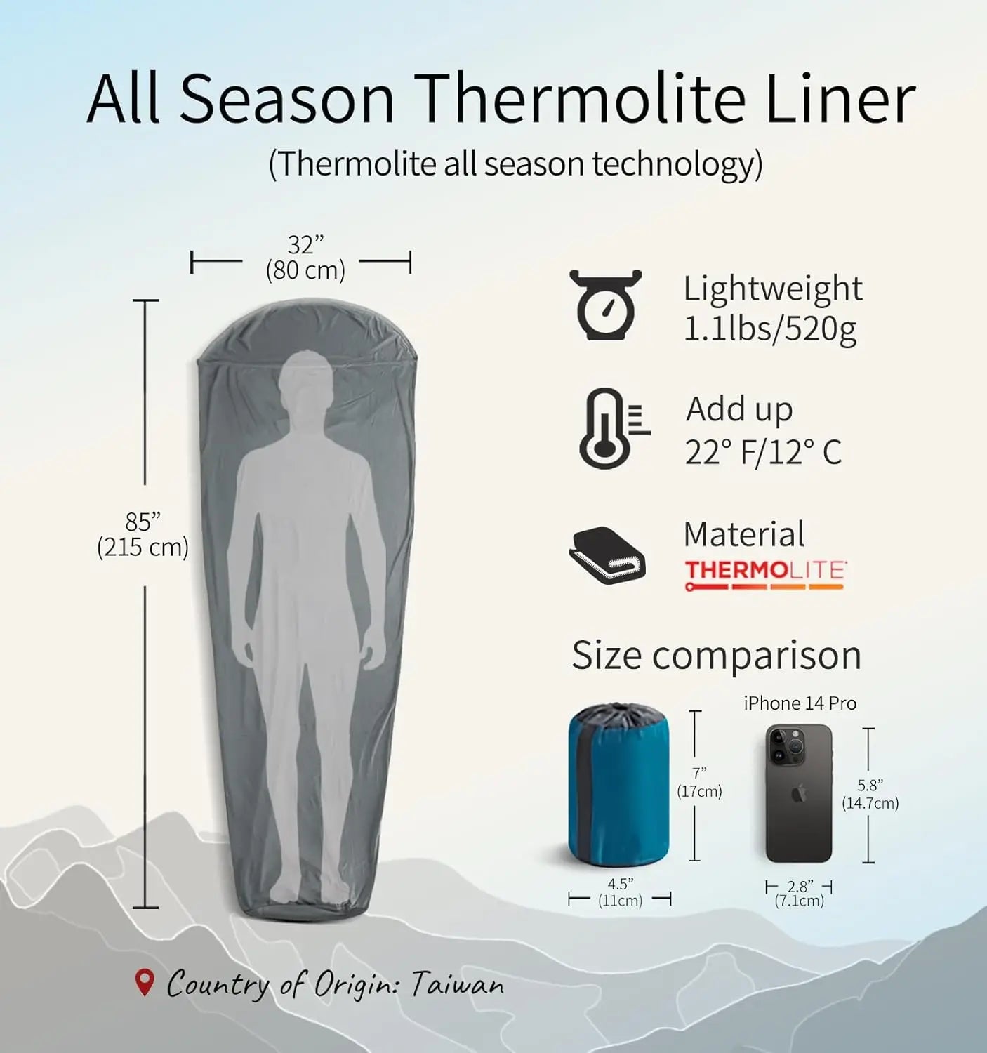 Sleeping Bag Liner Adds 22°F Warmth, Mummy Sack for Camping & Travel in Cold Weather